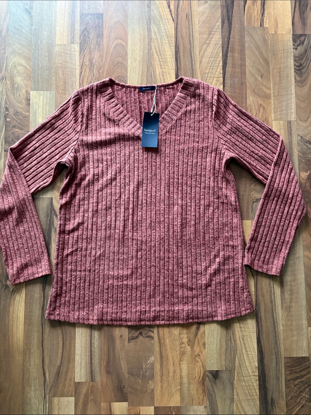 Sampeel Ribbed V-Neck Long Sleeve Top - Dusty Rose Size L NWT